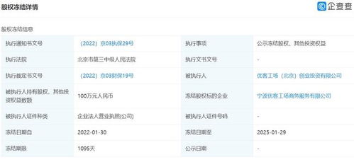 优客工场所持宁波优客工场100万元股权被冻结